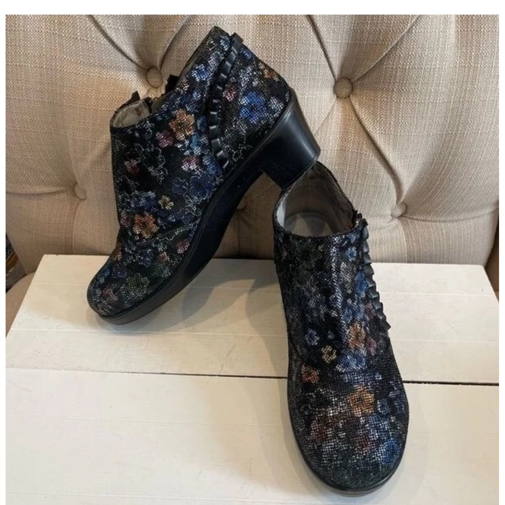 Alegria by PG Lite Metallic Floral Ruffle Ankle Boots Black Blue Multi 39